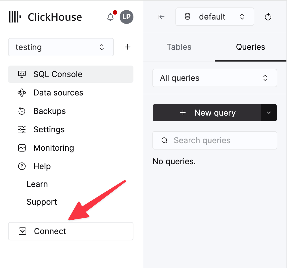 ClickHouse Cloud console における Connect ボタンの場所