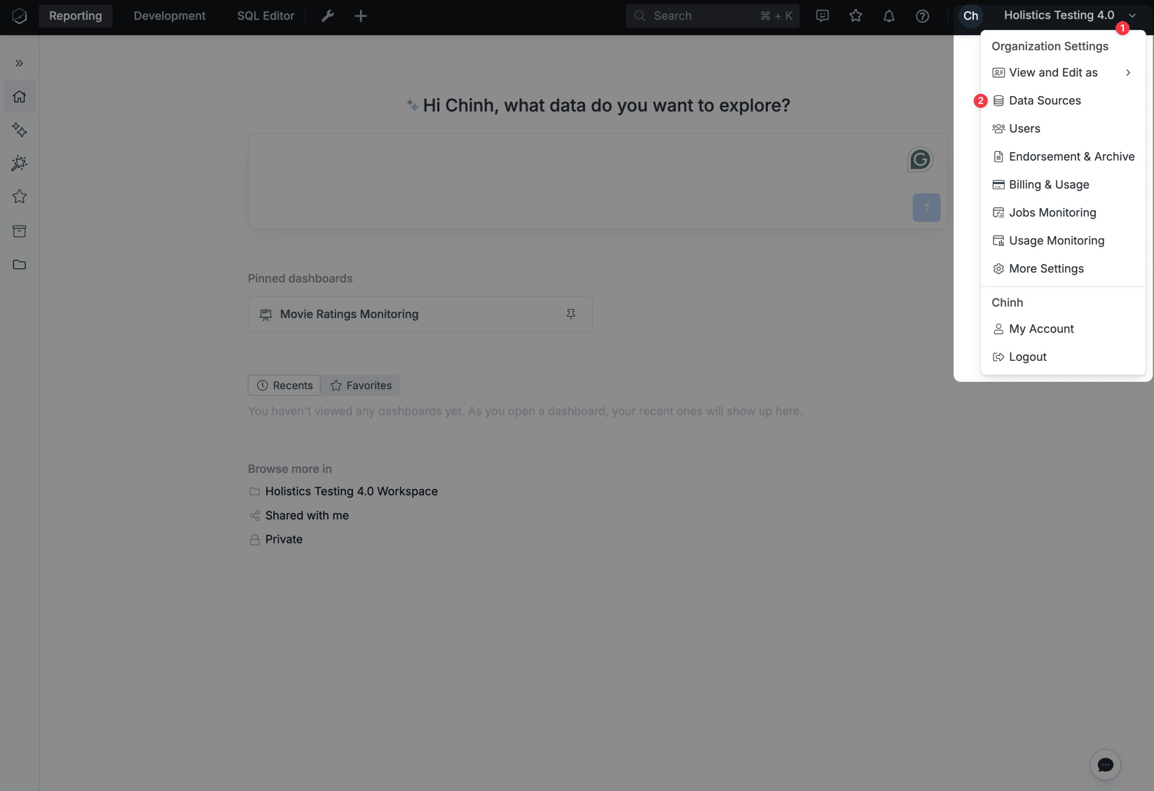 Holistics の設定で データソース に移動する