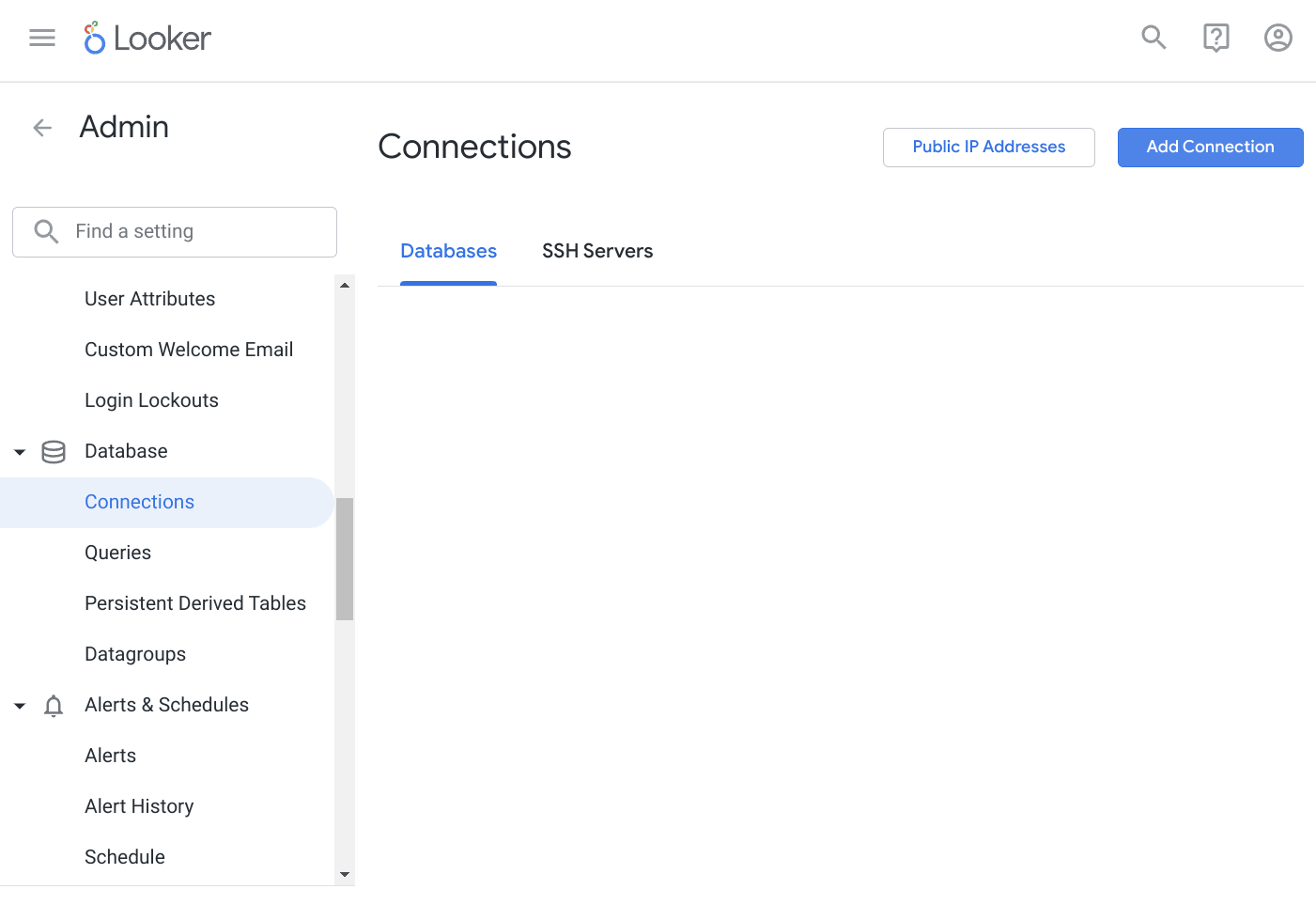 Adding a new connection in Looker's database management interface