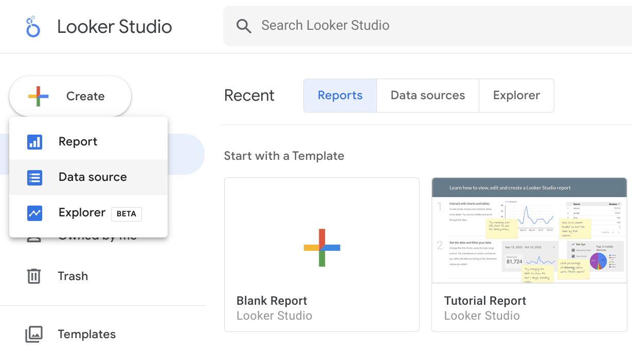Creating a new data source in Looker Studio interface