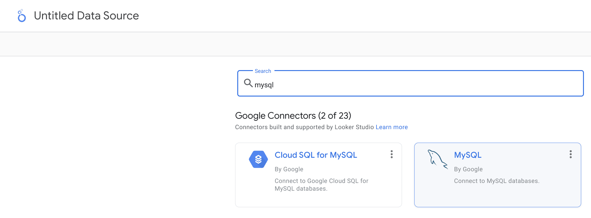 MySQL connector search in Looker Studio connectors list