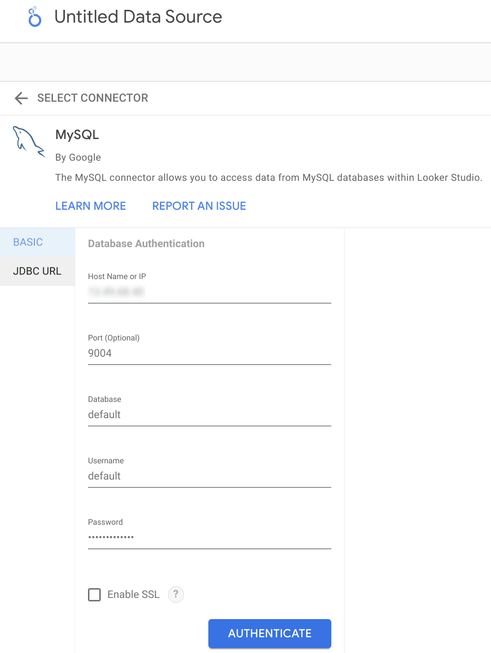 Specifying the ClickHouse MySQL connection details in Looker Studio