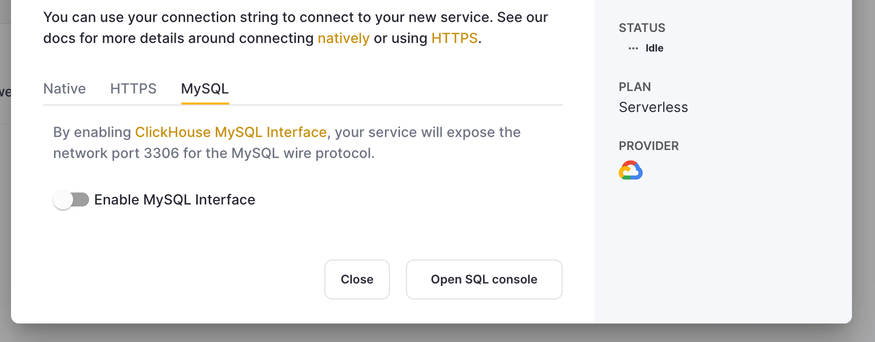 Enabling MySQL interface in ClickHouse Cloud settings