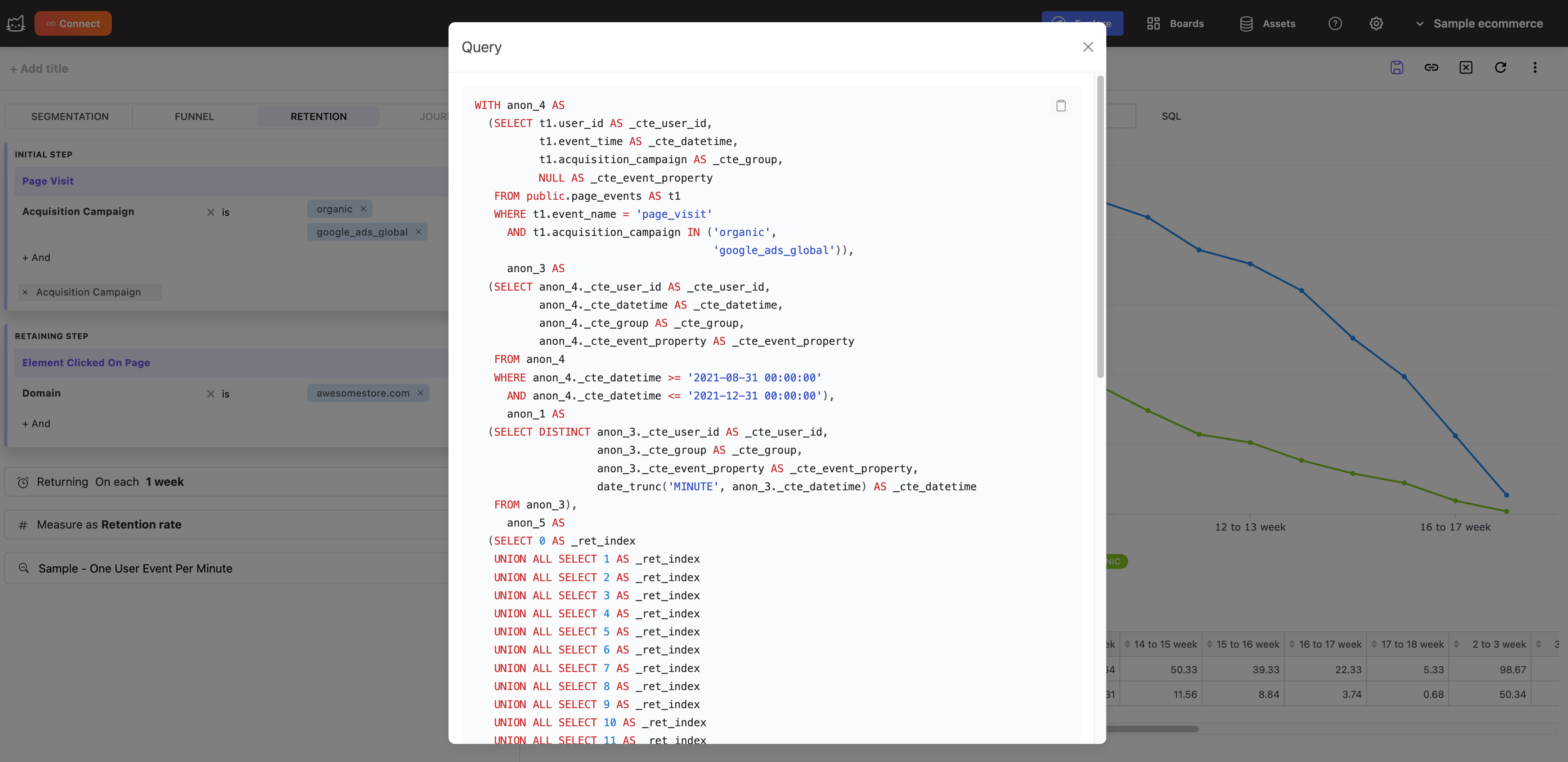 ネイティブな ClickHouse クエリを表示する Mitzu の SQL コード生成ビュー