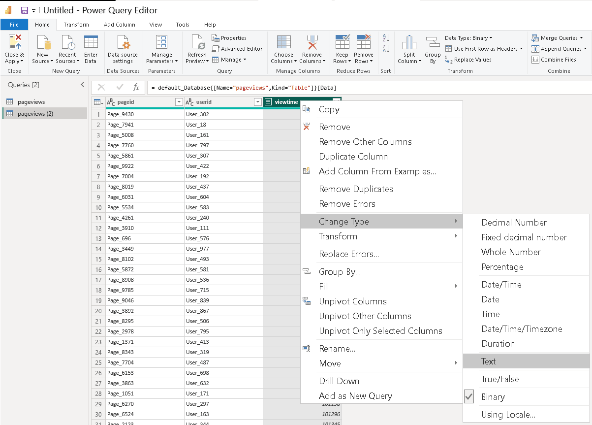 Power Query Editor showing data type transformation for UInt64 column