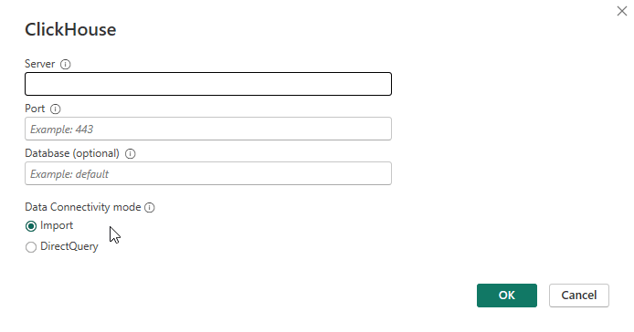 ClickHouse connection dialog showing host, port, database and connectivity mode fields