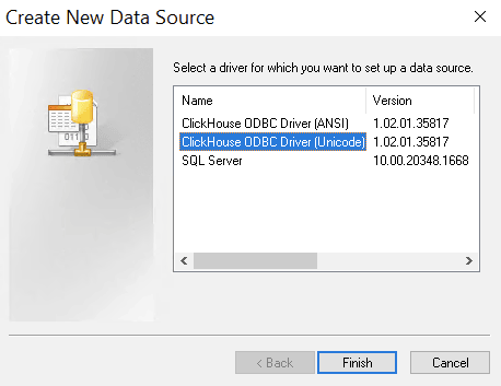 Create New Data Source dialog showing ClickHouse Unicode Driver selection