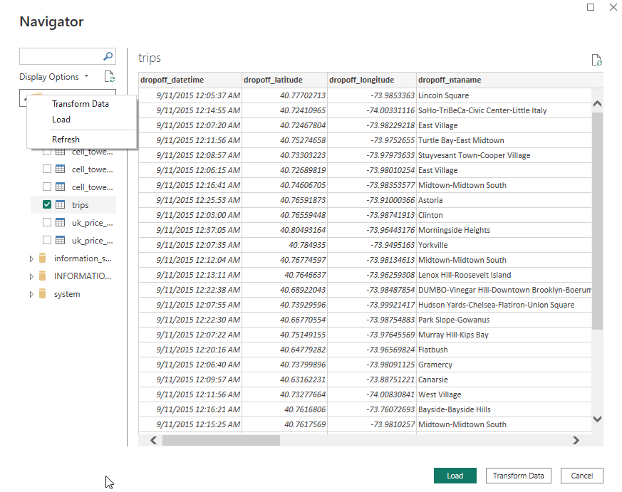Power BI Navigator view showing ClickHouse database tables and sample data