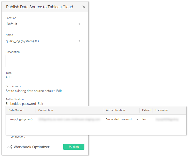 Tableau Desktop publish dialog showing Authentication options with Embedded password selected