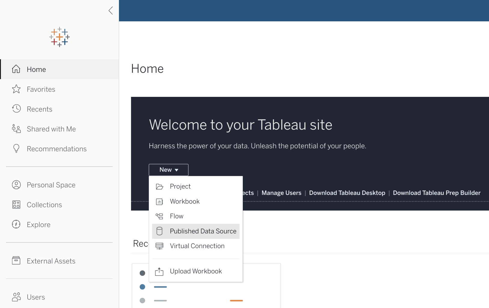 Tableau Online interface showing the 'New' button to create a published data source