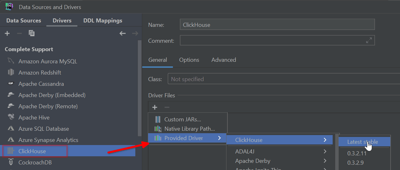 DataGrip 的 Drivers 选项卡显示 ClickHouse 驱动安装
