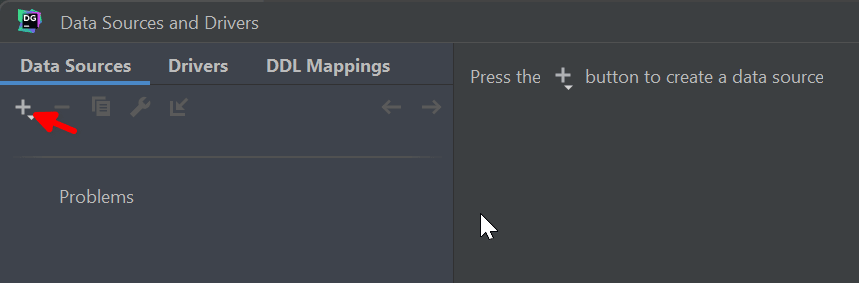 DataGrip 的 Data Sources 选项卡,+ 图标已高亮显示