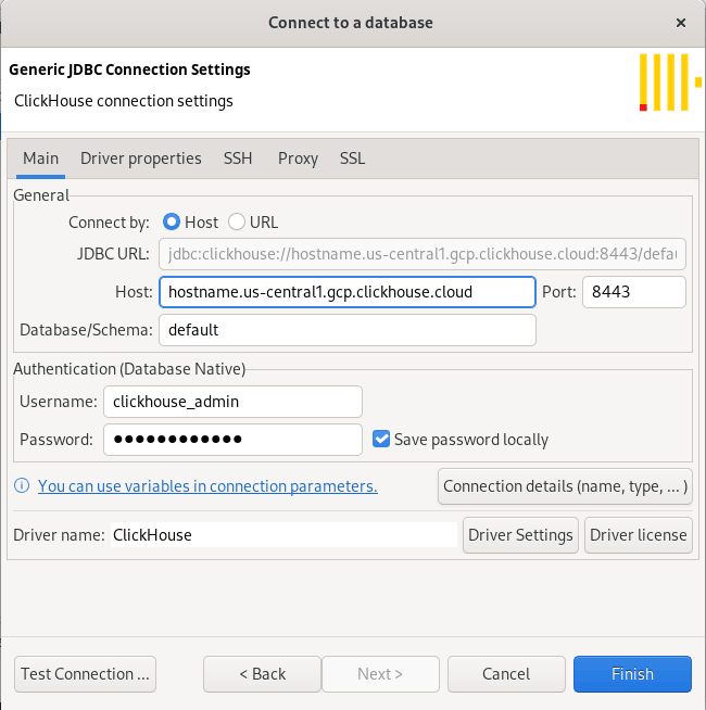 Définir le hostname, le port, l’utilisateur, le mot de passe et le nom de la base de données