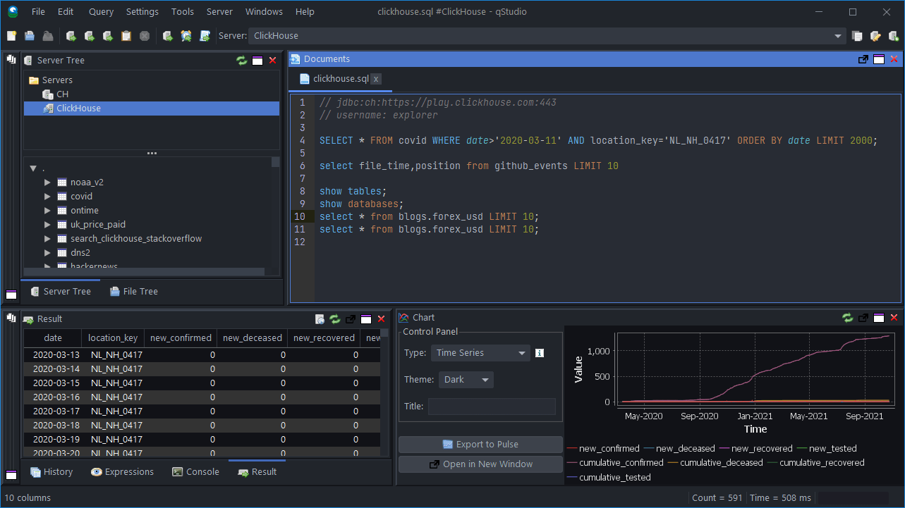 ClickHouse 데이터베이스에 대해 예시 SQL 쿼리를 실행하는 QStudio 인터페이스