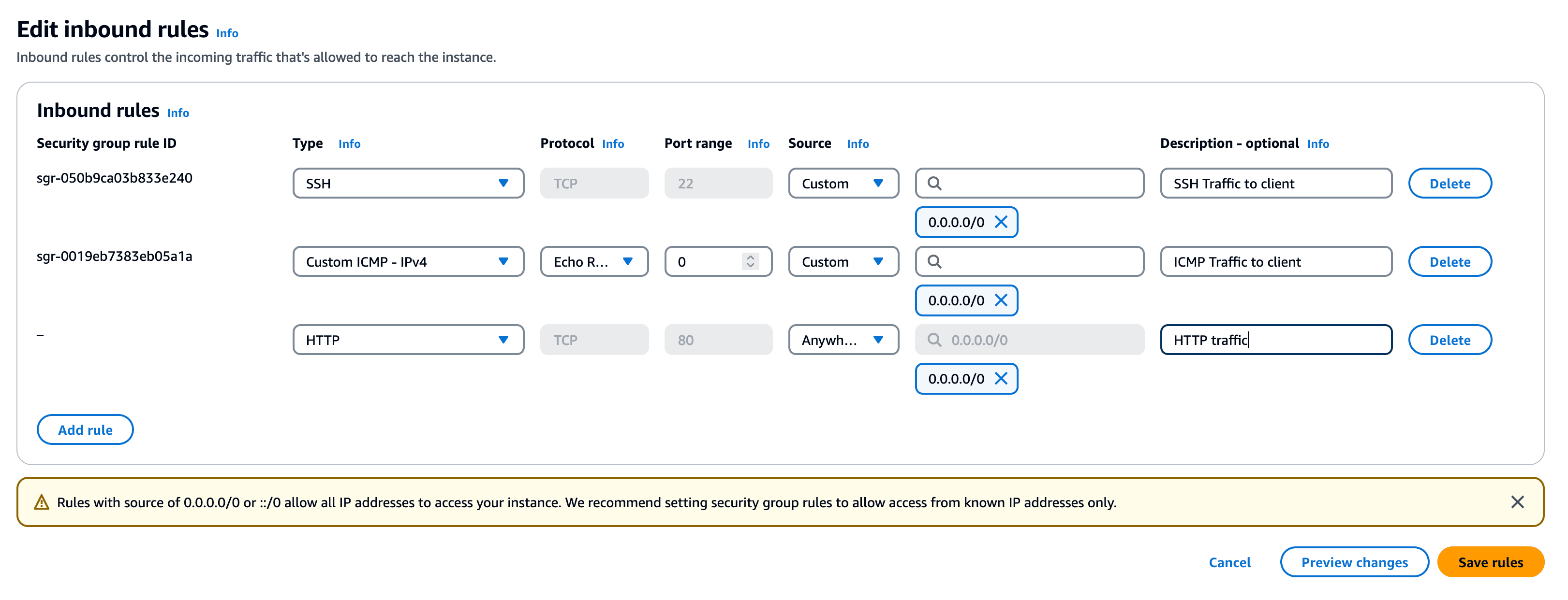 AWS Security Group configuration showing port 80 open