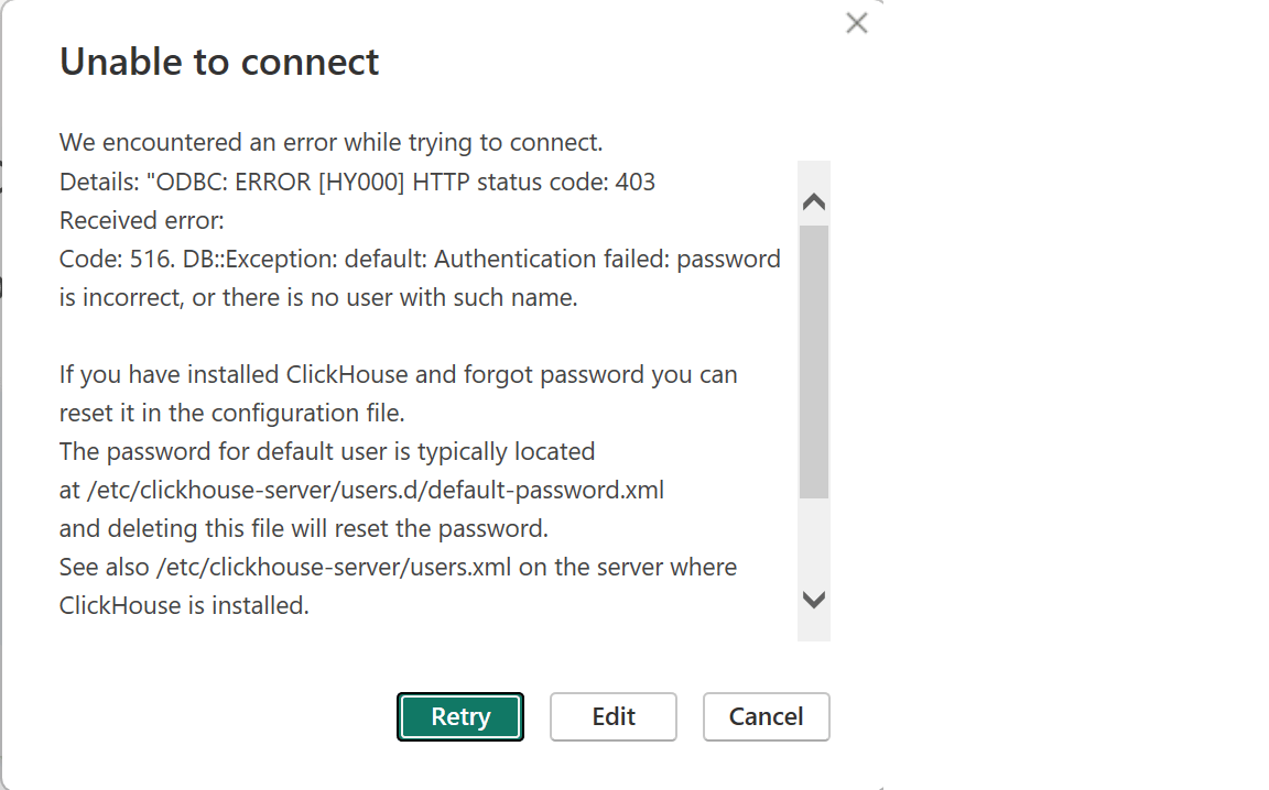 Диалоговое окно ошибки аутентификации ODBC в Power BI