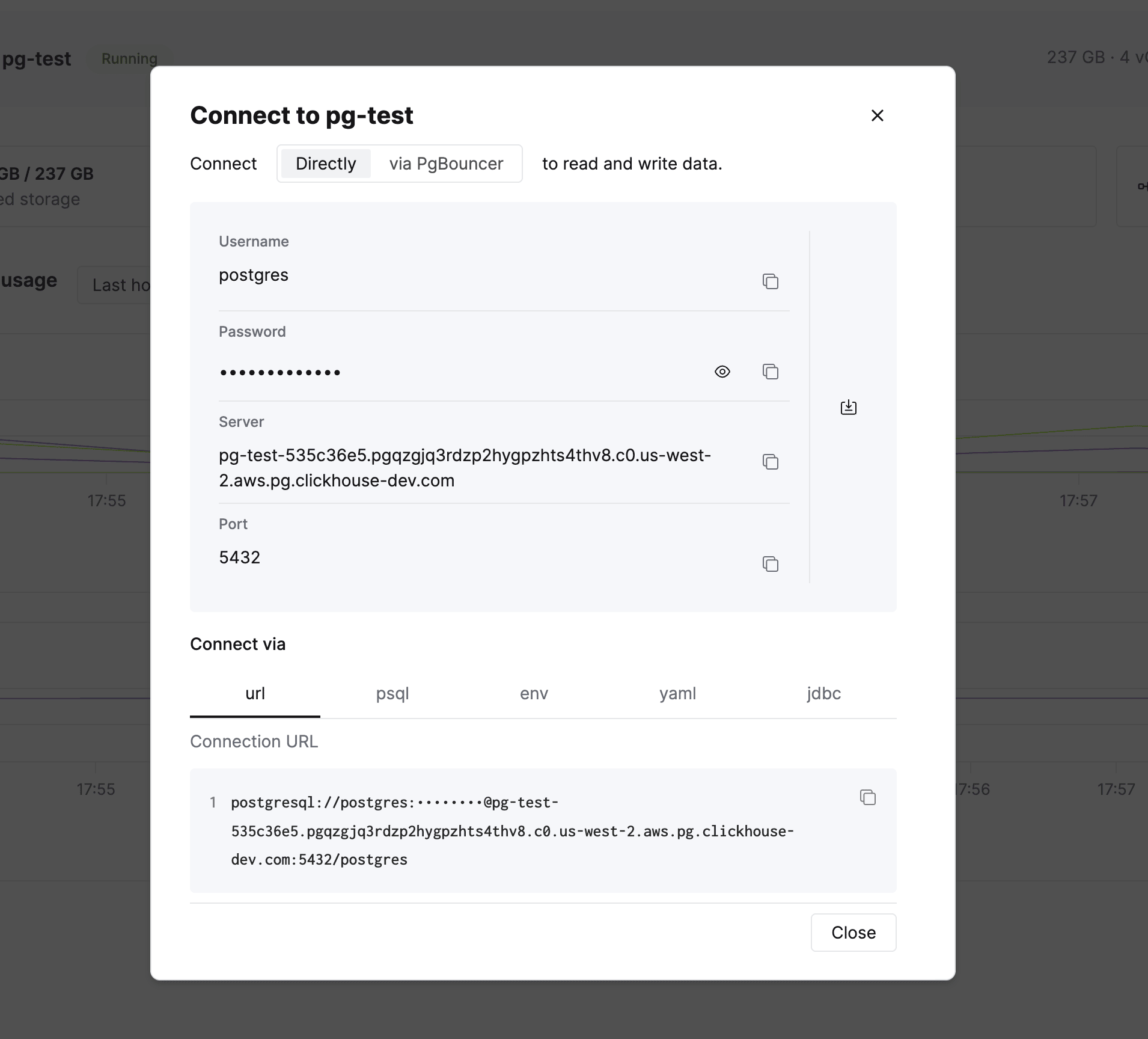 Connection modal showing credentials and connection string formats