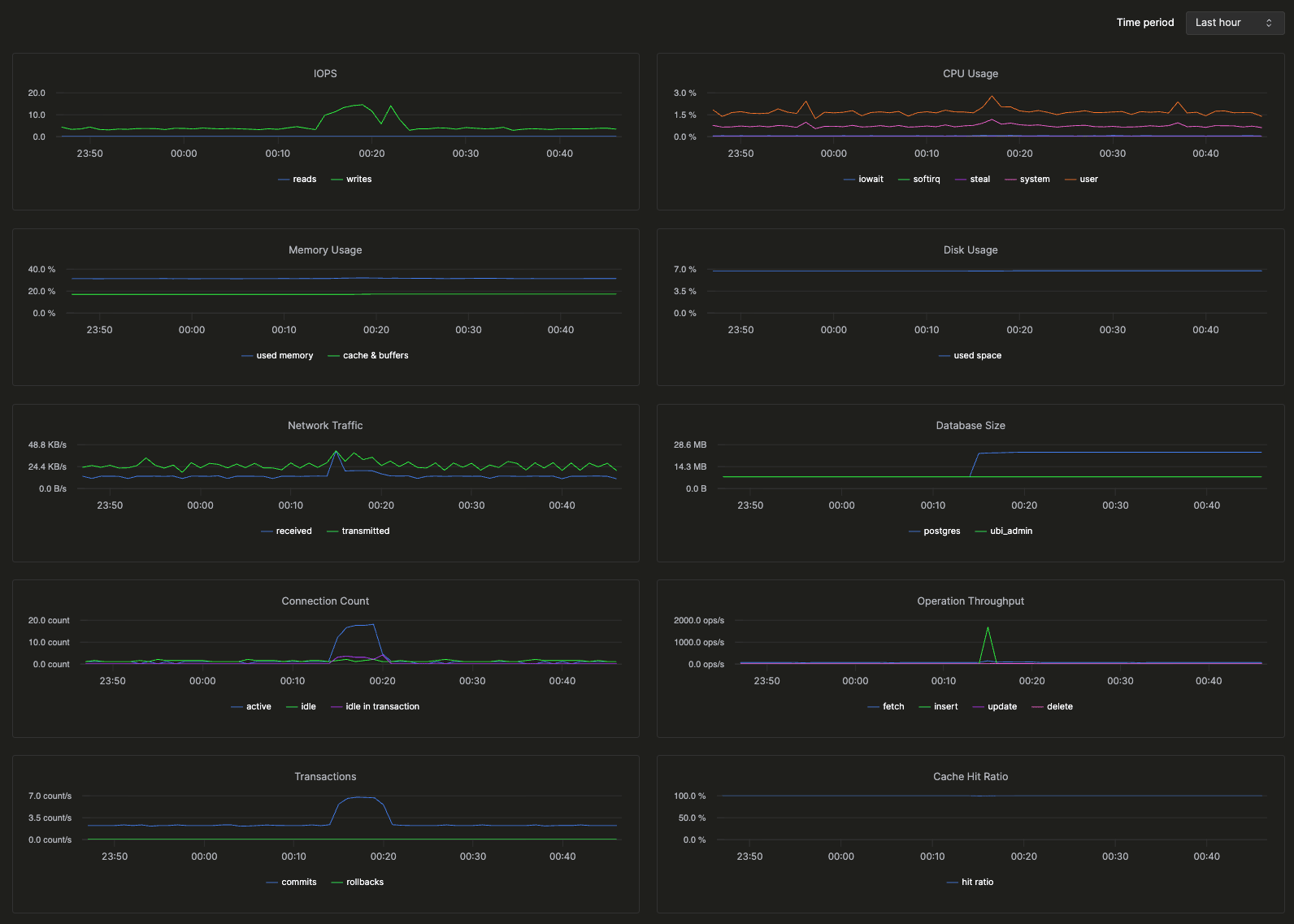 Панель мониторинга с IOPS, использованием CPU, памятью, диском, сетевым трафиком, размером базы данных, соединениями, пропускной способностью, транзакциями, коэффициентом попаданий в кэш и взаимными блокировками
