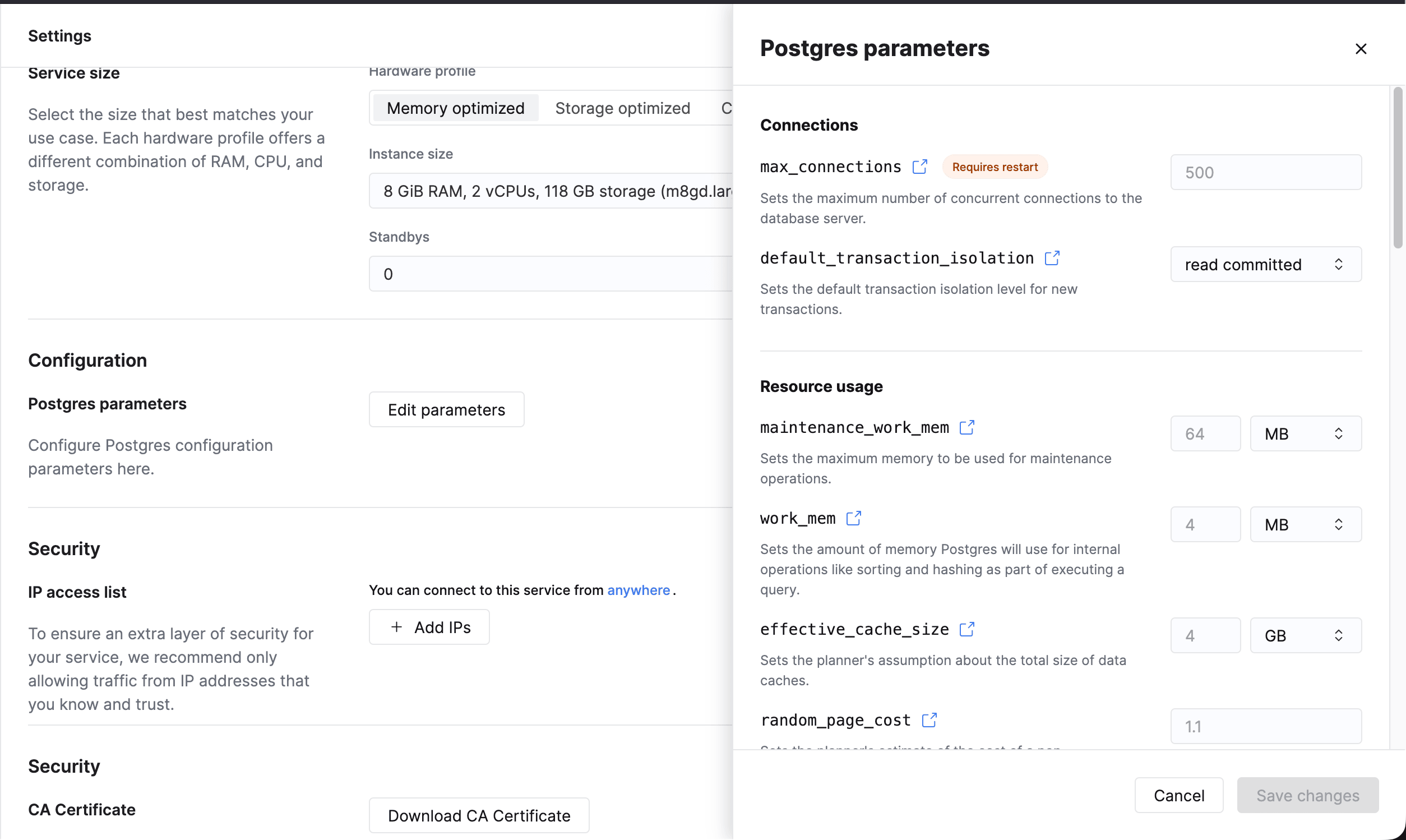 Configuration des paramètres Postgres