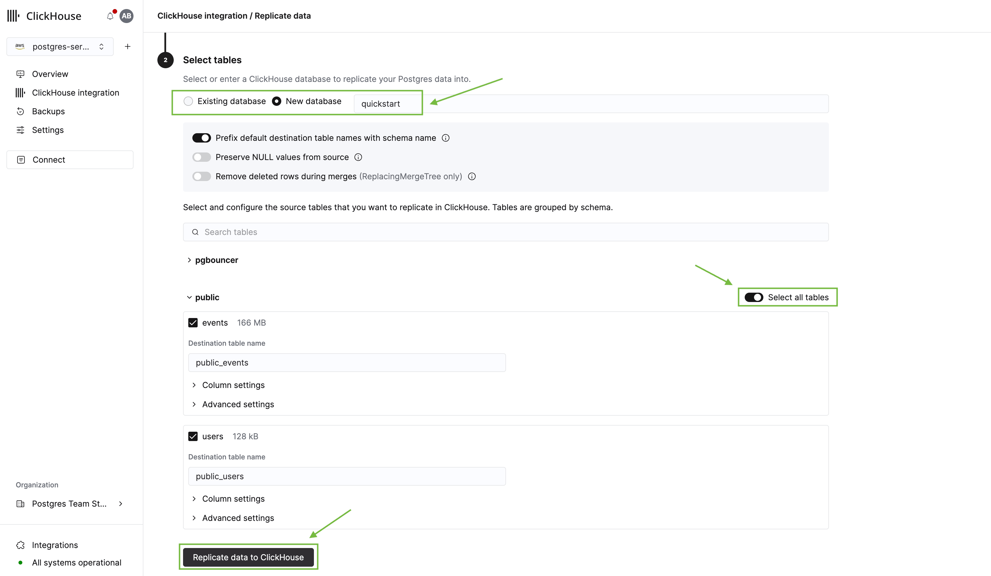 Выбор таблиц ClickHouse Managed Postgres