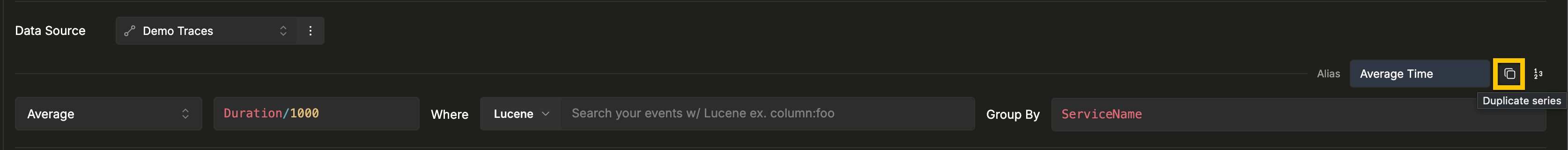 O ícone de cópia Duplicate series e sua dica de ferramenta em uma linha de série de gráfico