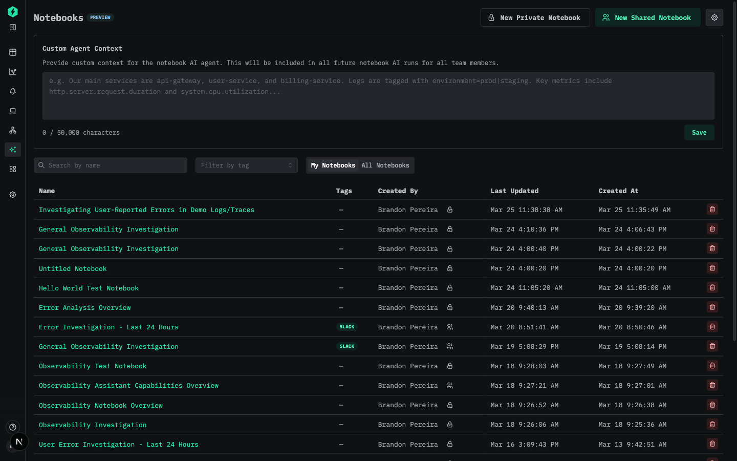 لوحة Agent Settings للسياق المخصص